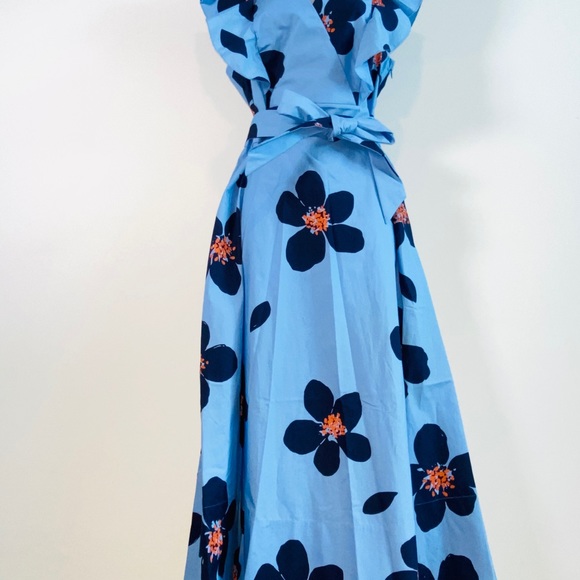 Kate Spade Tea Garden Blue & Orange Floral Print Cotton Midi Dress - Picture 6 of 13